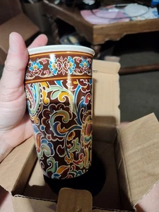 Longaberger Glasierte Keramik Schwer Reisebecher Tasse mit Deckel Bunt Paisley 8 Unzen - Bild 1 von 4