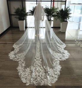 Accesorios Velo de Novia Largo Lujo Catedral Velo Apliques Borde de Encaje Personalizado - Imagen 1 de 9