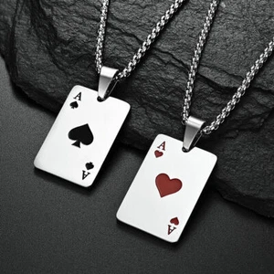 Mens Womens Stainless Steel Ace of Spades Casino Card Poker Pendant Necklace - Picture 1 of 13