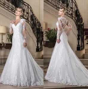 Sexy A-Line Wedding Dresses V-Neck Long Sleeved Lace Applique Beach Bridal Gowns - Picture 1 of 10