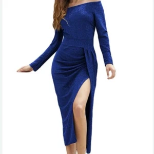Womens Evening Dress Size XL Metallic Blue Glitter Maxi Off Shoulder Front Slit - Picture 1 of 15