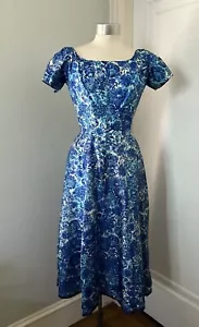 Vintage 1950's Gigi Young Blue Dianthus Print Silk Dress - Picture 1 of 9