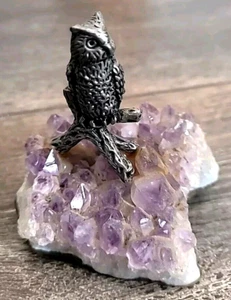 Vtg Pewter Owl on Purple Amethyst Crystal Geode Specimen 2.5" Figurine Decor - Picture 1 of 8