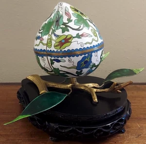 Vintage Chinese Cloisonne Enamel Gilt Brass Peach Fruit Form Box w/ Stand - Picture 1 of 10