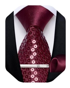 Mens Sequin Tie Set Solid Color Necktie and Pocket Square Tie Clip Set Shiny ... - Picture 1 of 6