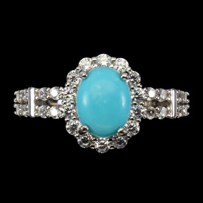 925 Sterling Silver Oval Blue Turquoise 9x7mm Simulated Cz  Ring Size 6 - Image 1 of 4