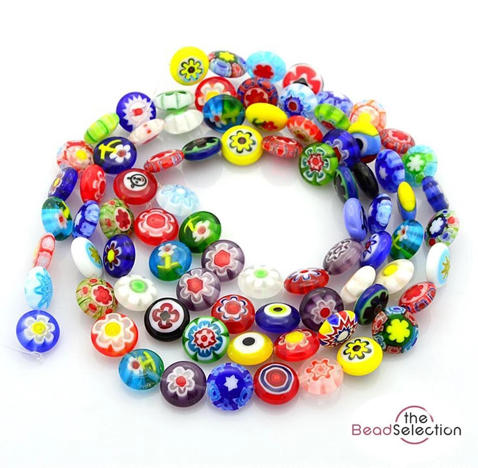 20 FLAT ROUND DISC FLOWER MILLEFIORI GLASS BEADS 10mm jewellery making MIL15 - Image 1 of 3