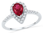 Lab Created Red Ruby Teardrop Ring 7/8 Carat (ctw) in 10K White Gold with Diamon
