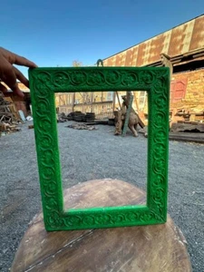 Antique Old Wooden Hand Carved Green Painted Mirror Frame Wall Frame - Picture 1 of 10