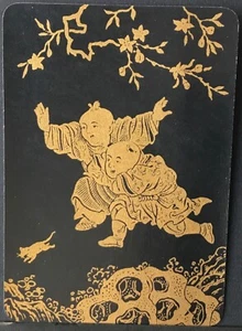 Playing Cards 1 Single Card Old Antique Wide Lacquer JAPANESE BOYS CHASING RAT A - Bild 1 von 3