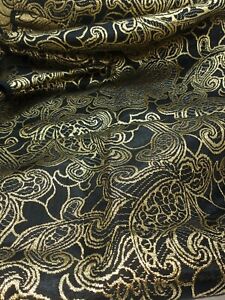 Black Gold Metallic Brocade Rayon Fabric Paisley Floral Design