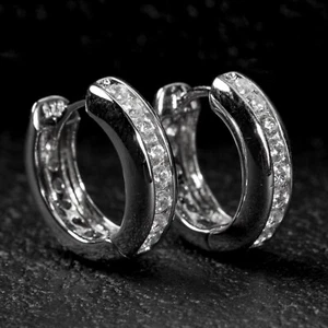 Mens One Row Iced Cz White Gold Plated Sterling Silver Hoop Huggie Earrings - Picture 1 of 4