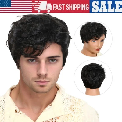 Mens Wig Male Short Straight Hair Fluffy Man-made Fiber Hair Hairpiece Wig Black - Image 1 of 4