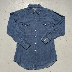 Vintage 1970s Wrangler Denim Snap Western Long Tails Ranch Shirt Made USA 15.5 - Picture 1 of 10