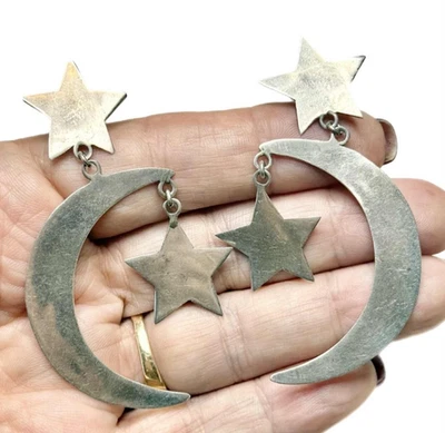 LUX Vintage Moon + Stars Earrings, Sterling Silver, Taxco, Mexico, 2 3/4” - Image 1 of 4