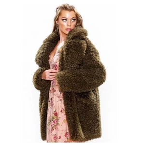 Aratta Silent Journey Green Shaggy Faux Fur Coat Embroidered Floral Womens Med. - Picture 1 of 6