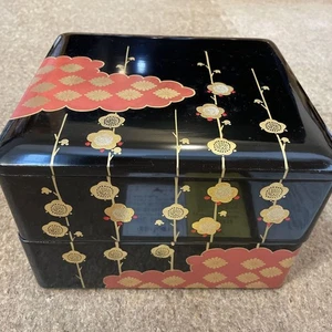 Caja Jubako de laca Aizu vintage diseño Wakaume de 2 niveles - Imagen 1 de 10