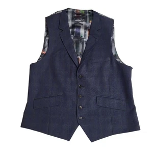 Ted Baker Waistcoat Blue Check Business Wool Blend Formal Collared Men's L 42R - Picture 1 of 4