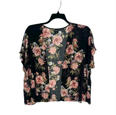Cárdigan corto transparente Emory Rose para mujer talla XL negro con rosas rosadas frente abierto Foto 1 de 4