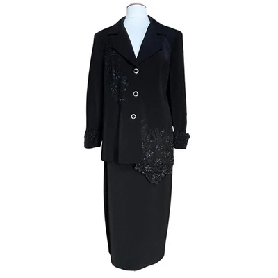 BMI Studio Black Embellish Bead Skirt Suit Set Womens Size 14 Asymetric Hem Glam - Image 1 of 4