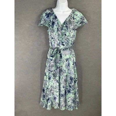 Tommy Hilfiger Midi Dress Women Sz 8 Floral Print Ruffle V Neck Belted Flowy - Image 1 of 4