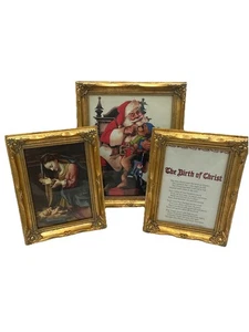 3er Set Vintage goldfarbene Rahmen mit Glas Weihnachten religiöse Kunst verziert - Bild 1 von 9