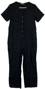 Everlane Women's Linen Jumpsuit Black 6 V Neck Short Sleeve Button Down NO BELT - Picture 1 of 12