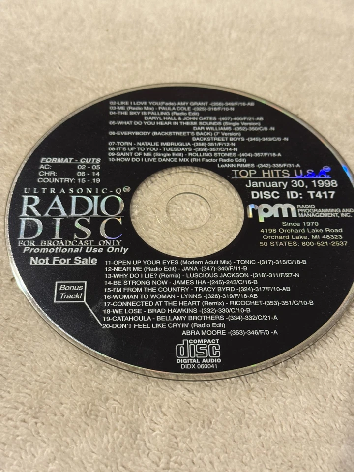 Ultrasonic -Q Radio Disc -Top Hits USA Jan 30 1998 Disc ID:T417 CD - GOOD CONDIT Foto 1 de 1
