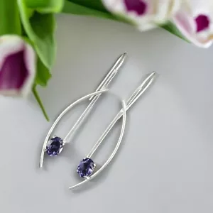 Natural Iolite Gemstone Drop/Dangle Daily Wear Blue Earrings 925 Sterling Silver - Picture 1 of 4