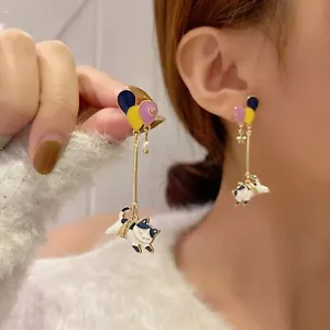 Cute Kawaii Little Kitty Cat Flying on Balloons Unique Whimsical Dangle Earrings - Picture 1 of 7