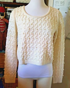 Alice + Olivia Faux Pearl Crew Neck Kitty Ivory 100% warm Wool Size Large - Picture 1 of 5