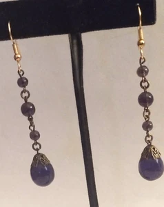 Long Victorian Amethyst Bead Dangle Pierced Earrings 3 Inches - Picture 1 of 7