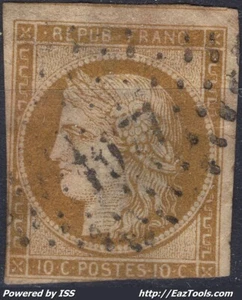 FRANCE CERES 10c BISTRE JAUNE N°1 AVEC OBLITERATION PETIT CHIFFRE A VOIR - Picture 1 of 2