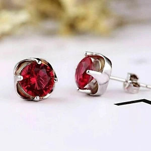 14K Real White Gold 1 Ct Round Natural Red Ruby Women's Solitaire Stud Earrings - Picture 1 of 5