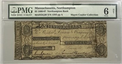 1806-07 Massachusetts Northampton Bank - $5 - PMG 6 NET -VERY RARE EARLY NOTE - Image 1 of 2