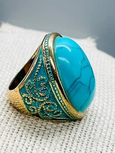 Goldfarbener Ring mit künstlichem Türkisstein Wirbel Größe 6,25 - Bild 1 von 9