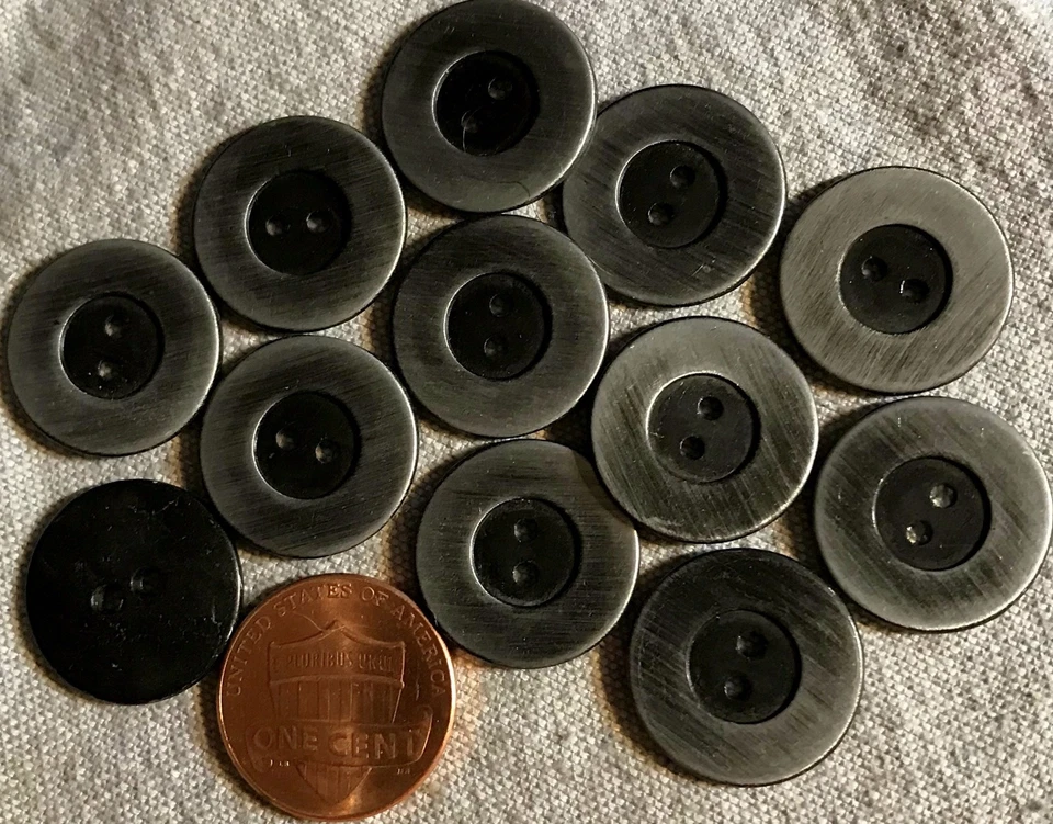 12 Silver Tone Metal & Black Sew-through 2-hole Buttons 11/16" 18mm # 4784 - Image 1 of 1