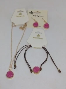New 3 Pc Jewelry Set Druzy Quartz Geode Pink Gold Necklace Earrings Bracelet - Picture 1 of 9