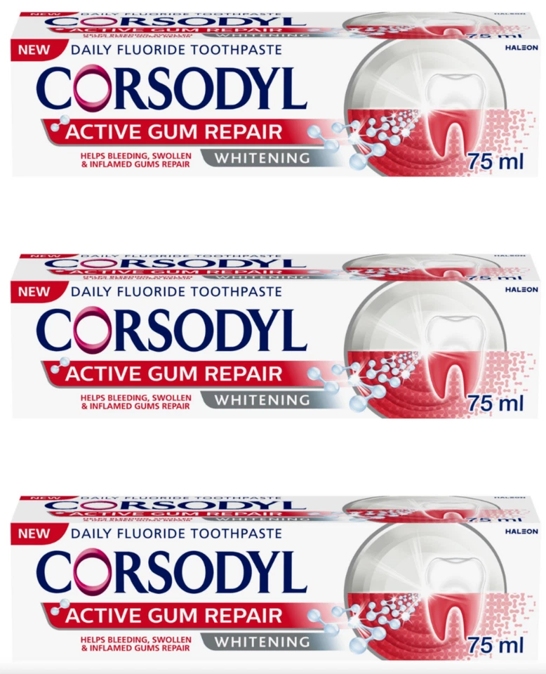 CORSODYL ACTIVE GUM REPAIR WHITENING TOOTHPASTE 75ml 3 Tubes - Image 1 of 1