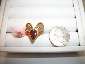 STAINLESS STEEL FASHION COCKTAL RING SZ 7.5 GOLD TONE RED STONE & CZS CHEVRON - Picture 1 of 2