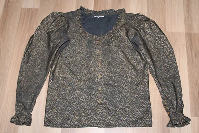 Vintage 80's Saint Laurent Rive Gauche YSL Black Gold Silk Boho Blouse 40 - Image 1 of 4