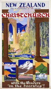 Póster de viaje ilustrado vintage IMPRESIÓN EN LIENZO Nueva Zelanda Christchurch 8"X 12" - Imagen 1 de 1