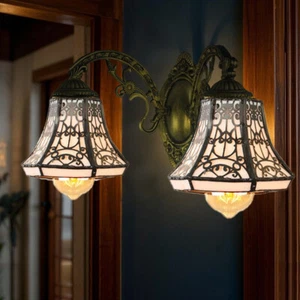 Vintage Brass Wall Mount Light Tiffany Bell Shade Up Down Wall Lamp for Bedroom - Picture 1 of 12