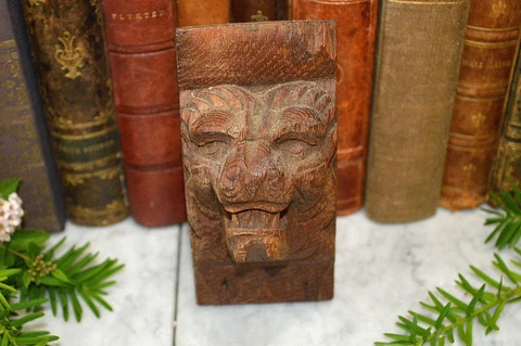 Antique German Black Forest Carved Wood Lion Head Corbel Bracket Cover
