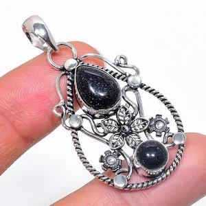 Black Sunstone Gemstone Handmade 925 Sterling Silver Jewelry Pendant Size 2" - Picture 1 of 1