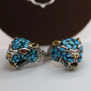 A24 Ring Raubkatze eingelegte Türkise Augen aus Achat oder Türkis Silber 925  - Bild 1 von 15