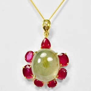 925 STERLING SILVER NATURAL GREEN SAPPHIRE OVAL & PIGEON BLOOD RED PENDANT - Picture 1 of 10