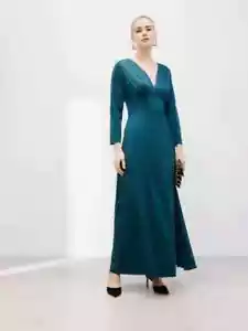 JOHN LEWIS Maxi Dress Satin V Neck Wedding Teal Green Long Sleeve UK 6 - BNWT - Picture 1 of 13