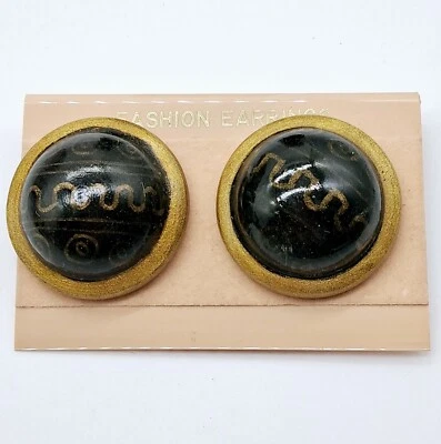 Vintage Made in India Pierced Dome Earrings Tribal Wood Ethnic Gold Black - Image 1 of 3