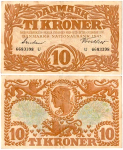 Denmark 10 Kroner P#31o(1) Series U (1943) Danmarks Nationalbank VF - Picture 1 of 1